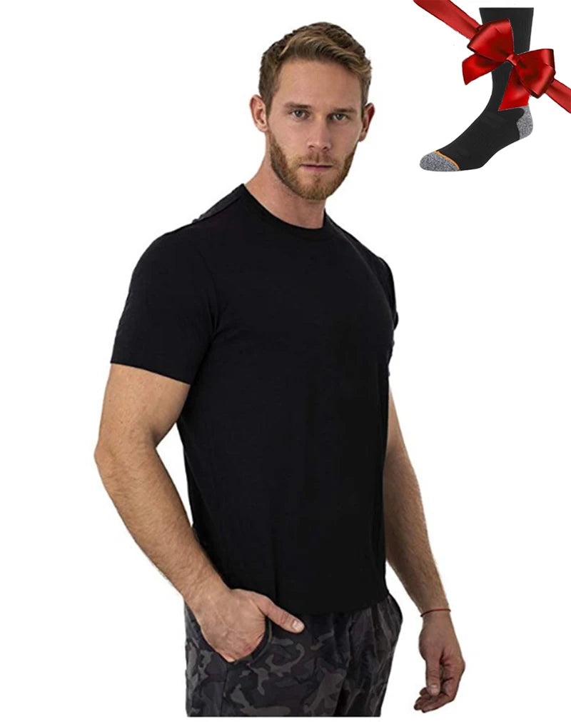 100% Merino Wool T Shirt Men Base Layer Merino Tshirt 180G Everyday Undershirt Wicking Breathable Anti-Odor + Hiking Blend Socks