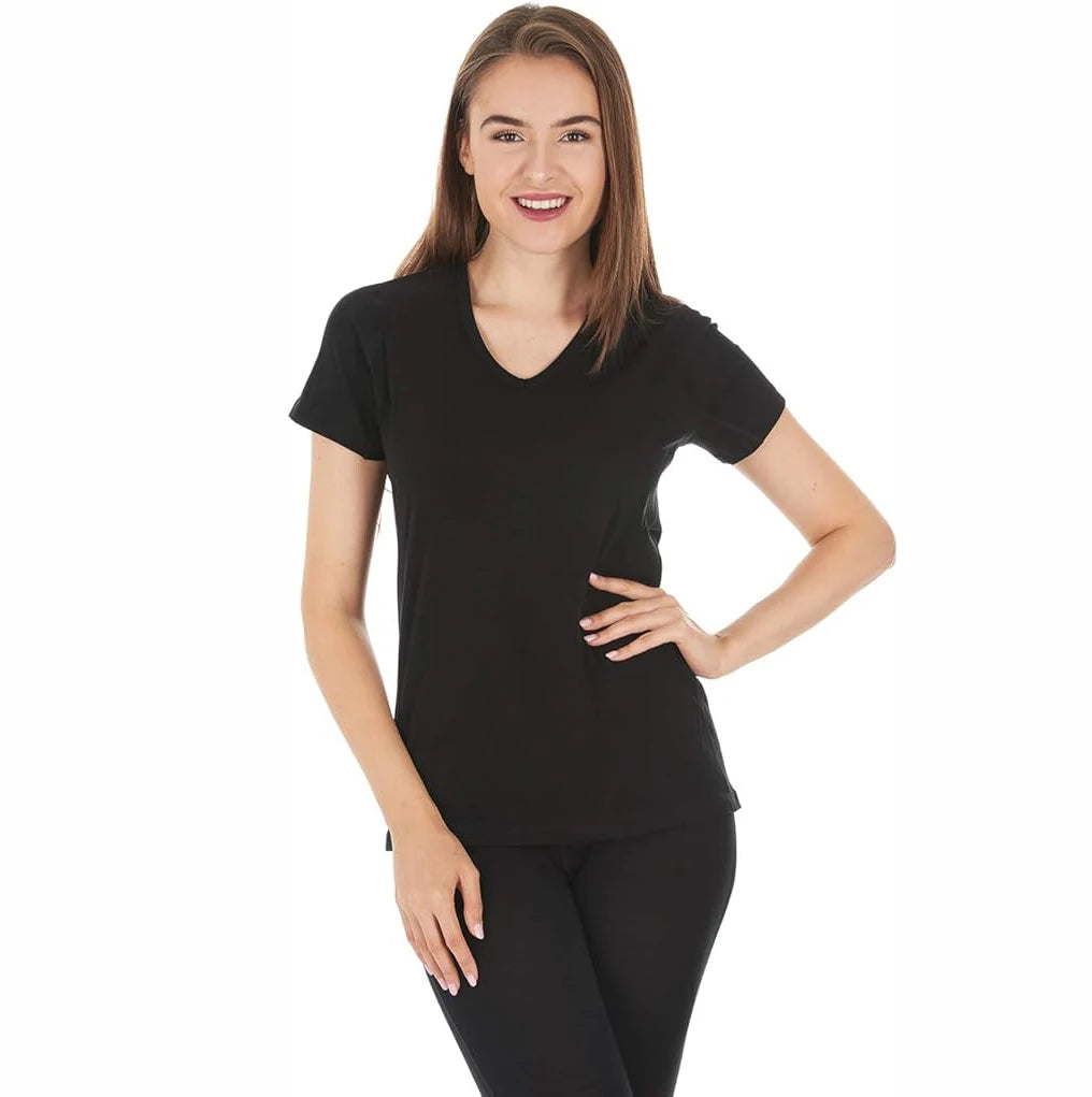 100% Merino Wool V Neck T-Shirt Women Short Sleeve Base Layers Tee Shirt for Travel Hiking Sports No Itch Breathable 16.5 Micro