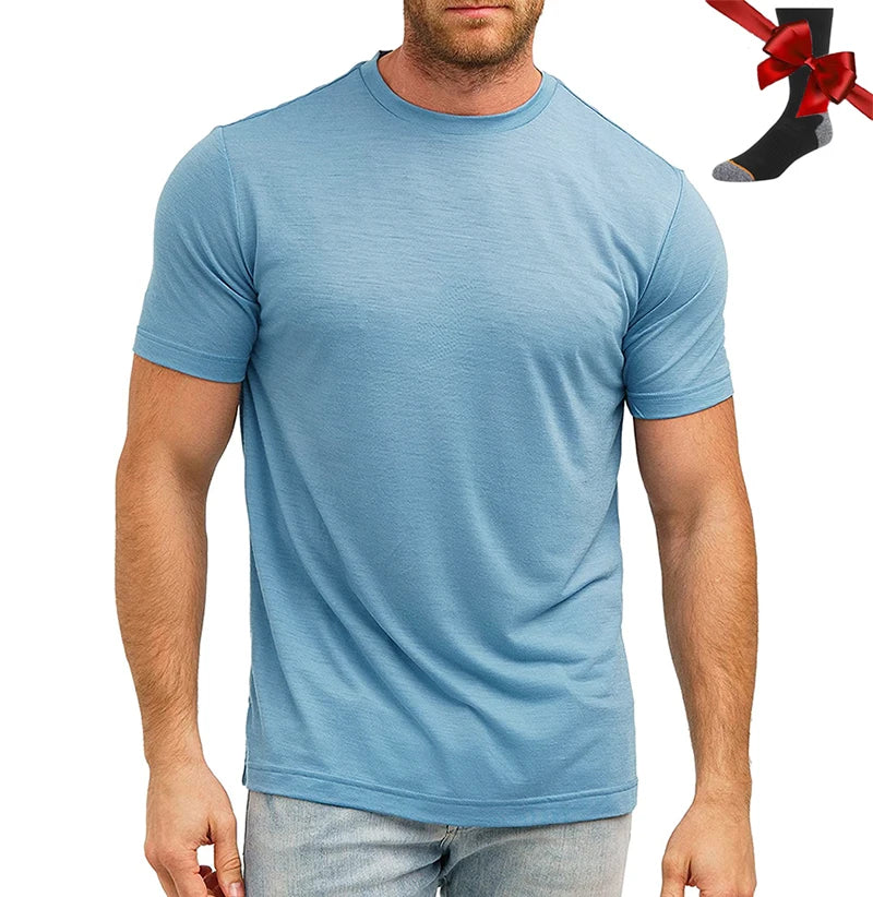 100% Merino Wool T Shirt Men Base Layer Merino Tshirt 180G Everyday Undershirt Wicking Breathable Anti-Odor + Hiking Blend Socks