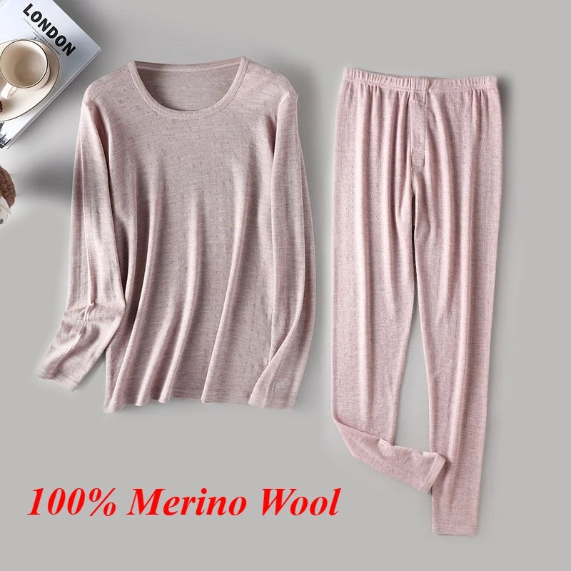 Men's 100% Merino Wool Base Layer Set Lightweight Thermal Underwear Long John Top and Bottom Comfortable Openwork Jacquard