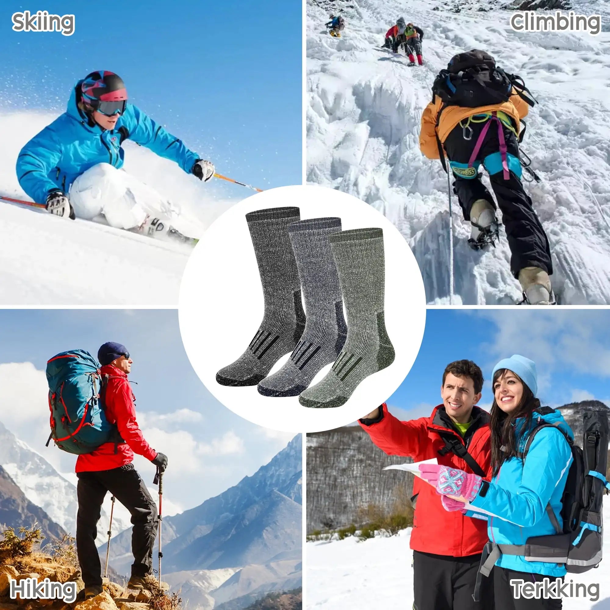 3 Pairs 80% Merino Wool Skiing Socks for Men Women Winter Warm Thermal Hiking Boot Cushion Crew Socks