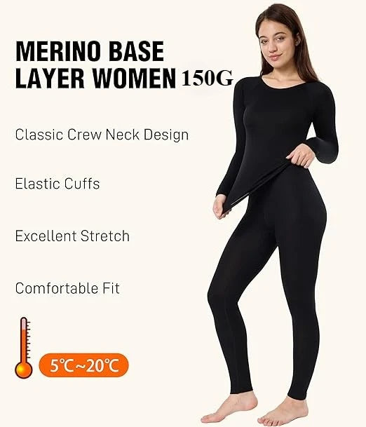 Women's 100% Merino Wool Base Layer Set 150g Lightweight Thermal Underwear Set for Women Merino Wool Top and Bottom Sets
