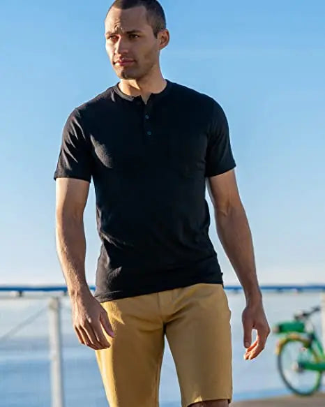 100% Merino Wool Henley T-Shirts Men Merino Short Sleeve Shirts Sports Running Everyday Tee Top Wicking Breathable Anti-Odor