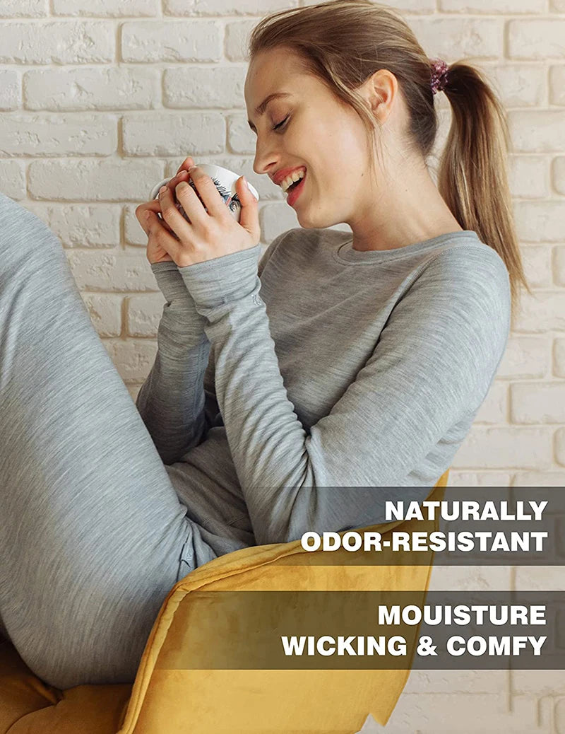 100% Merino Wool Base Layer Womens Set 180G Lightweight Merino Wool Thermal Underwear Women Top and Bottoms Long John Anti-Odor