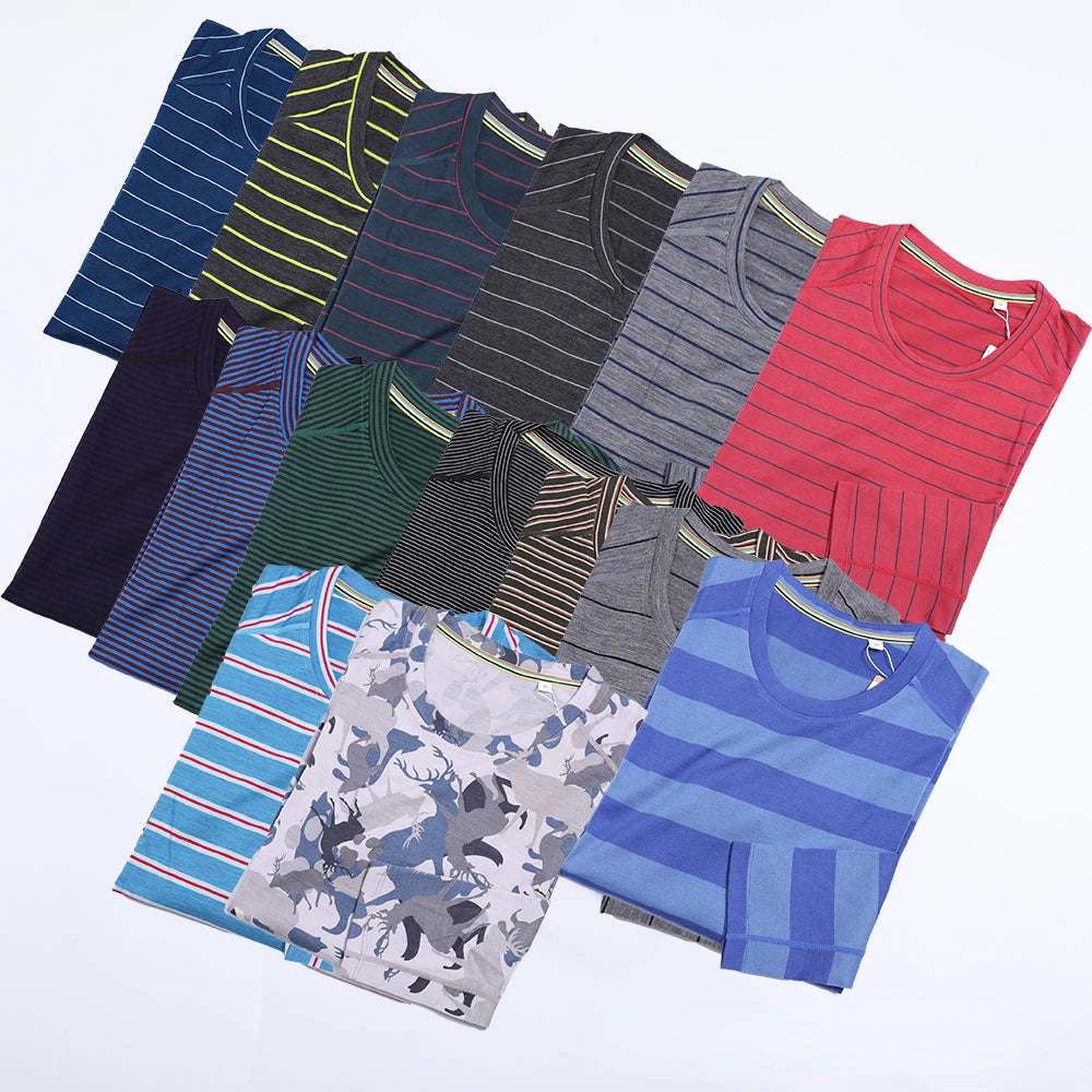 100% Merino Wool Base Layer Shirts Mens Merino O Neck Striped Long Sleeve Thermal Underwear Lightweight Breathable Sports Shirt