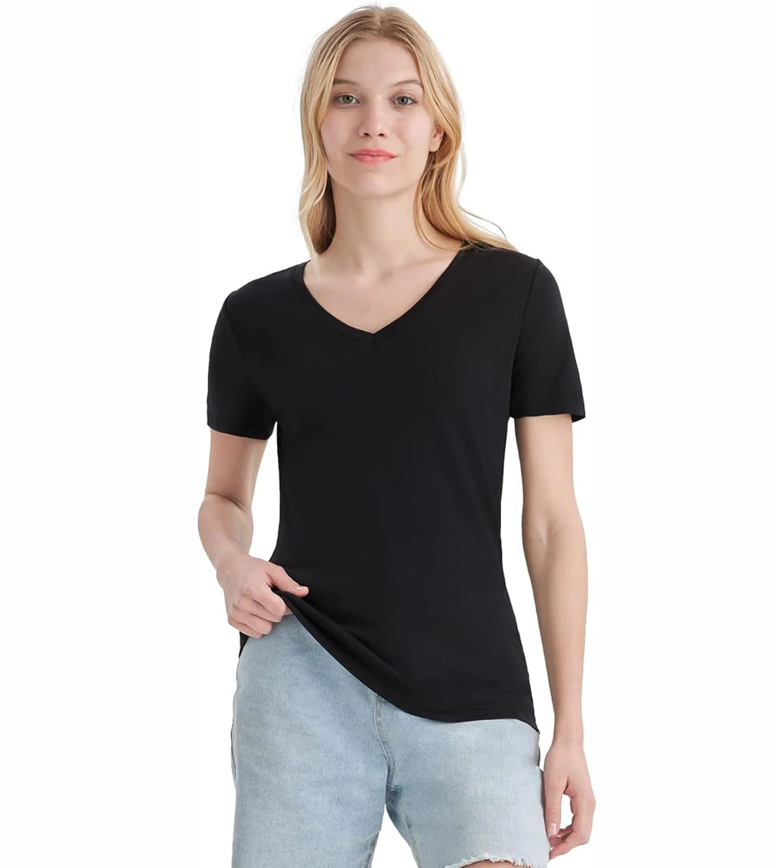 100% Merino Wool V Neck T-Shirt Women Short Sleeve Base Layers Tee Shirt for Travel Hiking Sports No Itch Breathable 16.5 Micro