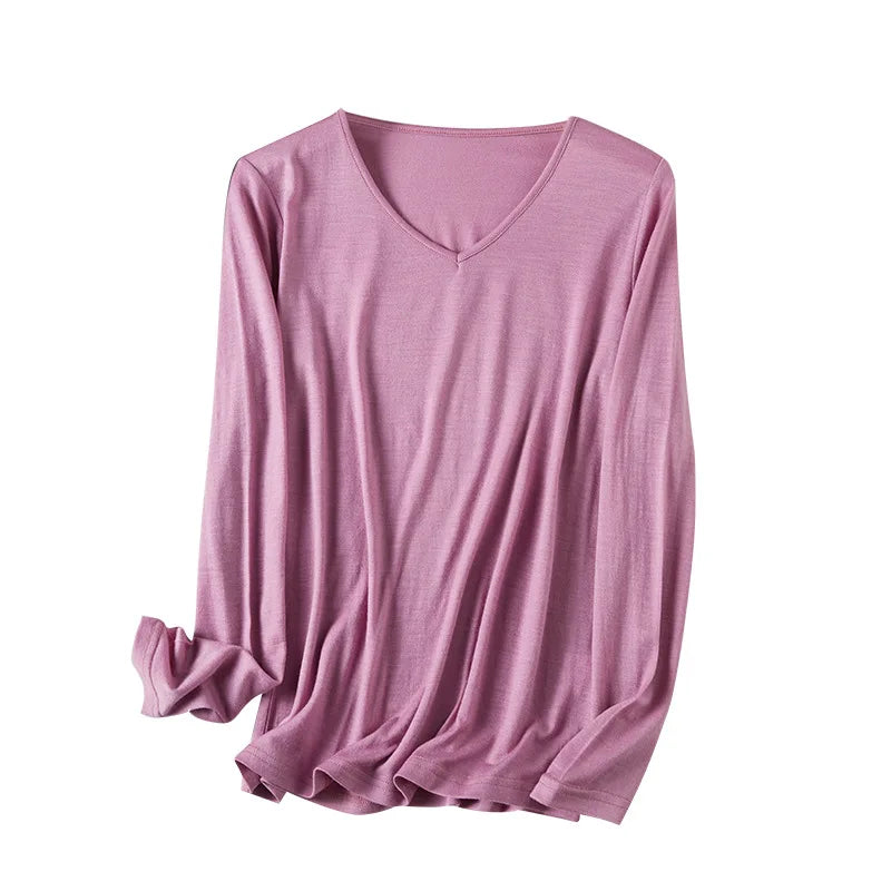 100% Superfine Merino Wool Base Layer Women Merino Wool Long Sleeve V Neck Shirt Thermal Underwear Wicking Breathable No-itch