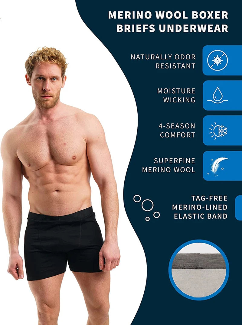 Men Merino Wool Long Drop Boxer Brief 100% Merino Wool Men Underwear Base Layer 240G Men Sports Underpants Fitness Breathable
