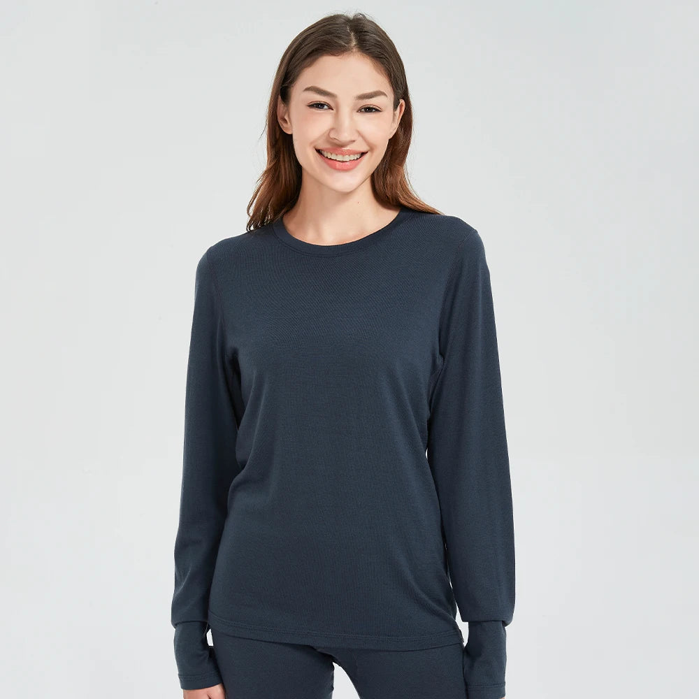 100% Merino Wool Base Layer Tops Women 300G Heavyweight Merino Wool Long Sleeve Thermal Underwear Shirt Ski Hiking Winter Warm