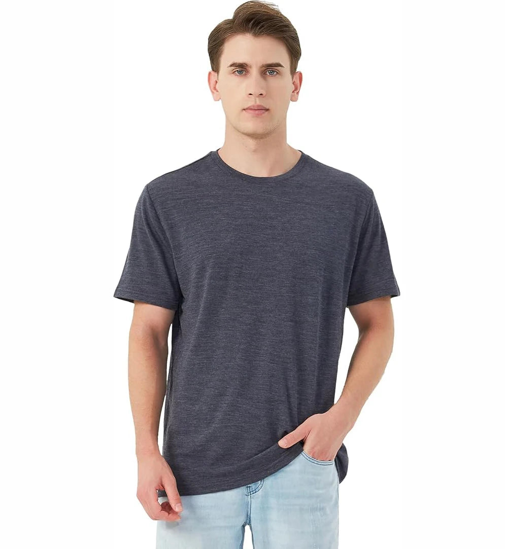 100% Merino Wool T Shirt for Men Short Sleeve Tee 170GSM Men Wool Base Layer Quick Dry Anti-Odor for Travel Hiking USA Size