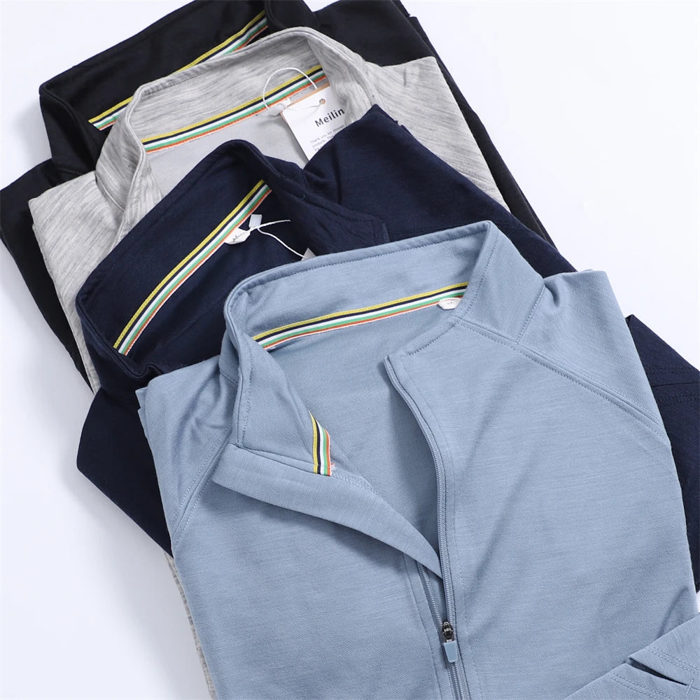 Men Merino Wool Base Layer Shirt 1/2 Zip Thermal Underwear Long Sleeve T Shirts 210G Hiking Breathable Wicking Moisture