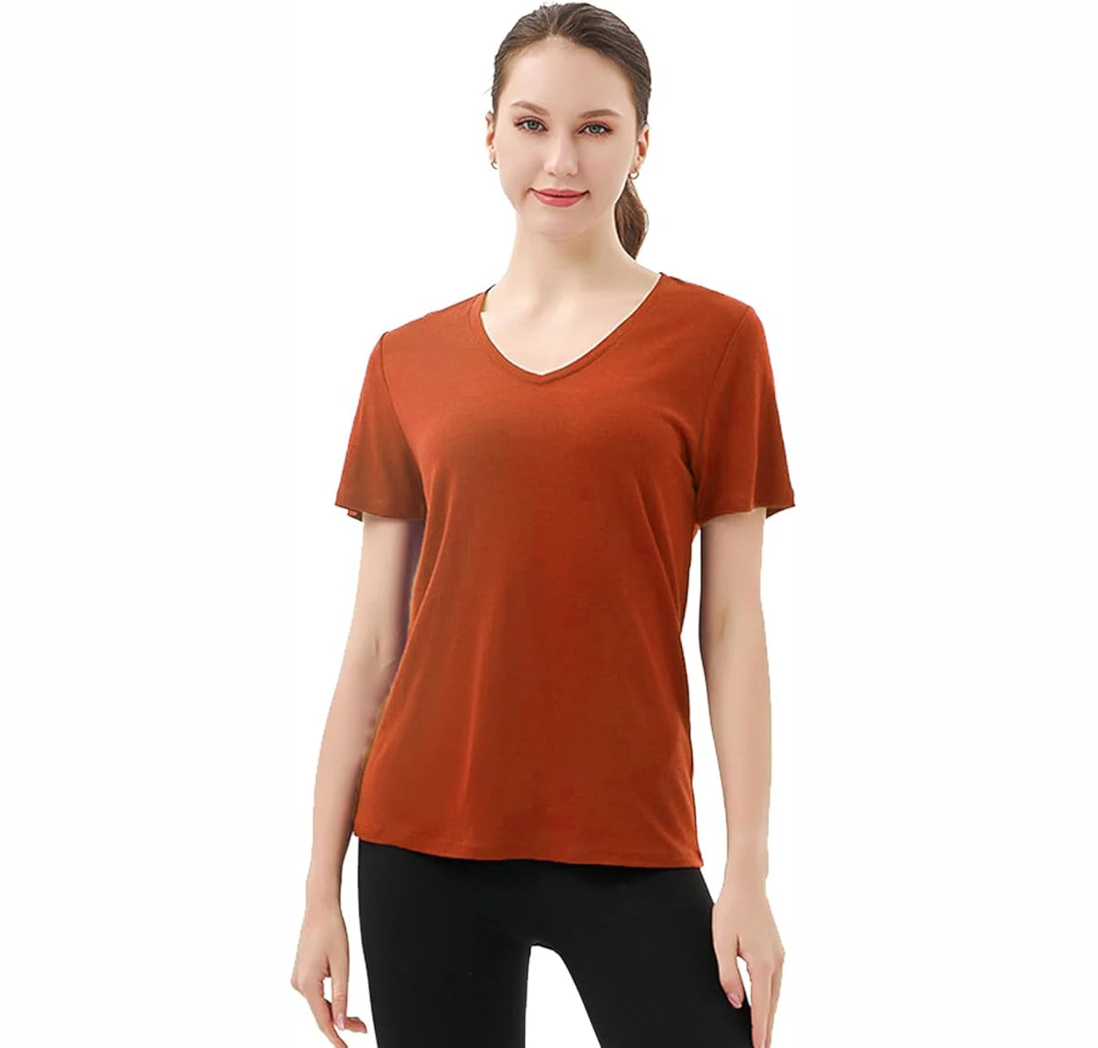 100% Merino Wool V Neck T-Shirt Women Short Sleeve Base Layers Tee Shirt for Travel Hiking Sports No Itch Breathable 16.5 Micro