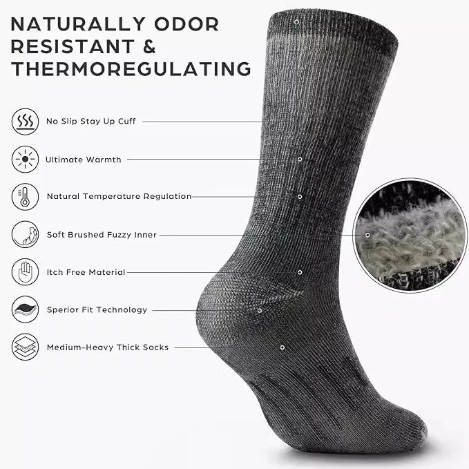 Mens 90% Merino Wool Crew Socks Thermal Warm Thickened Terry Socks for Winter Work Hiking Running Outdoor Plus Size 42-47