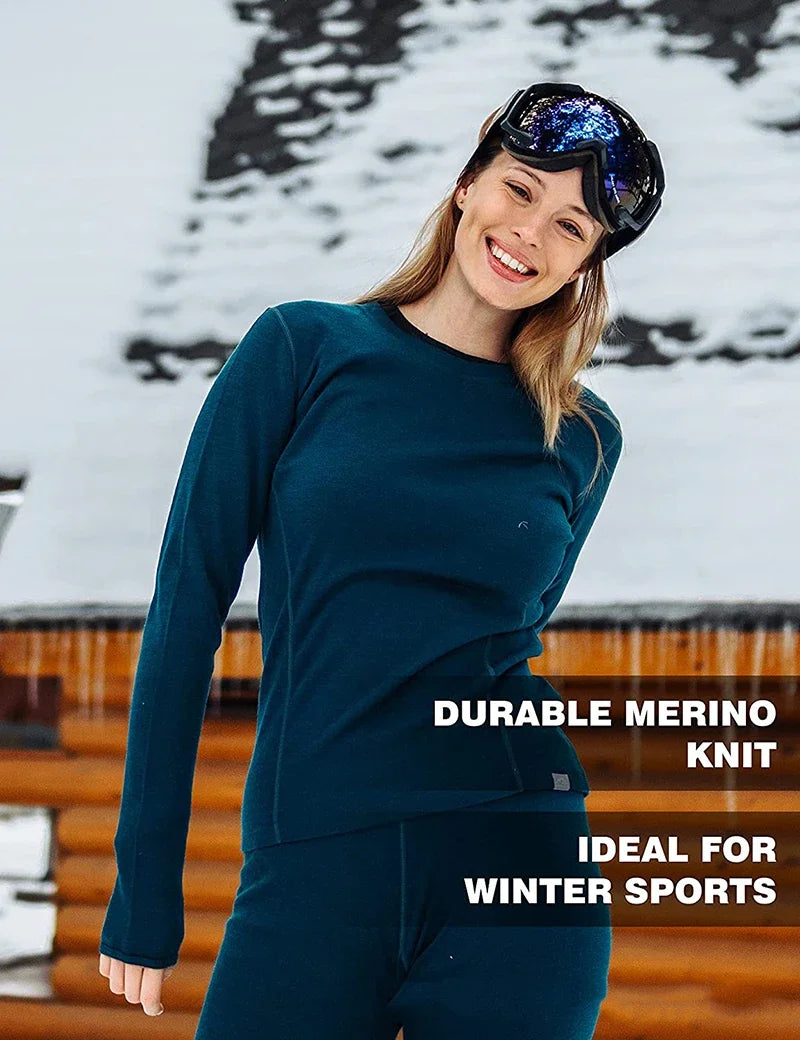 100% Merino Wool Base Layer Tops Womens 16.5Micro Merino Wool Thermal Underwear Long Sleeve Shirts Hiking Wicking Anti-Odor 180G