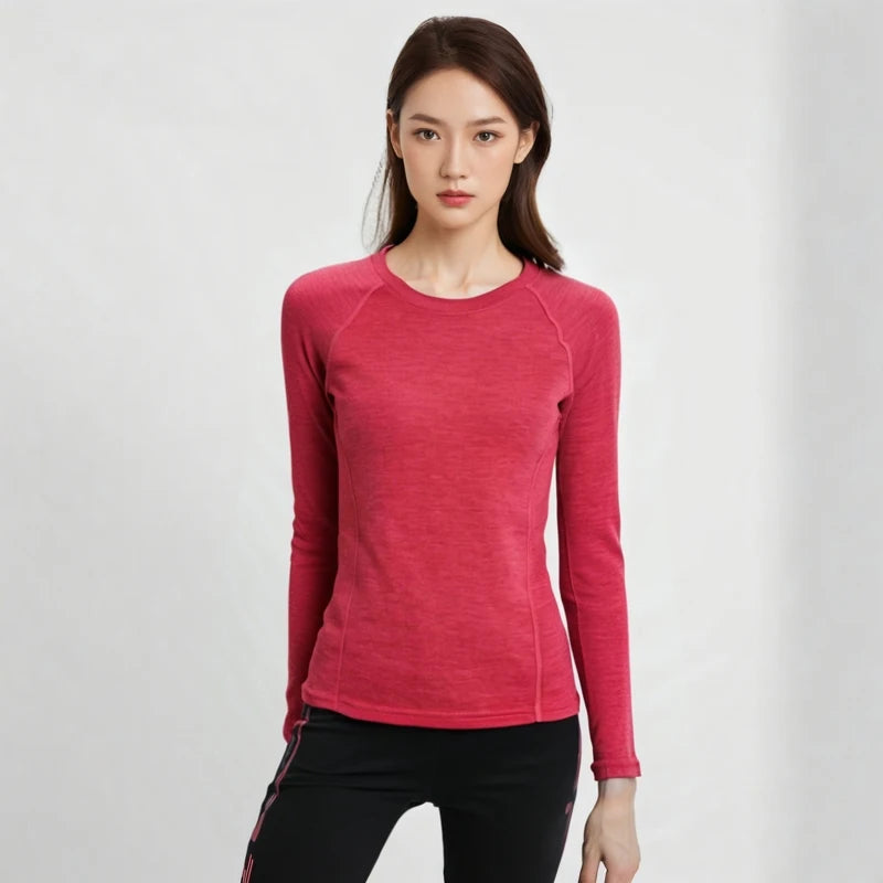 Women's 100% Merino Wool Base Layer Shirt 17.5Micro Merino Wool Thermal Underwear Long Sleeve Shirts Wicking Anti-Odor 210G
