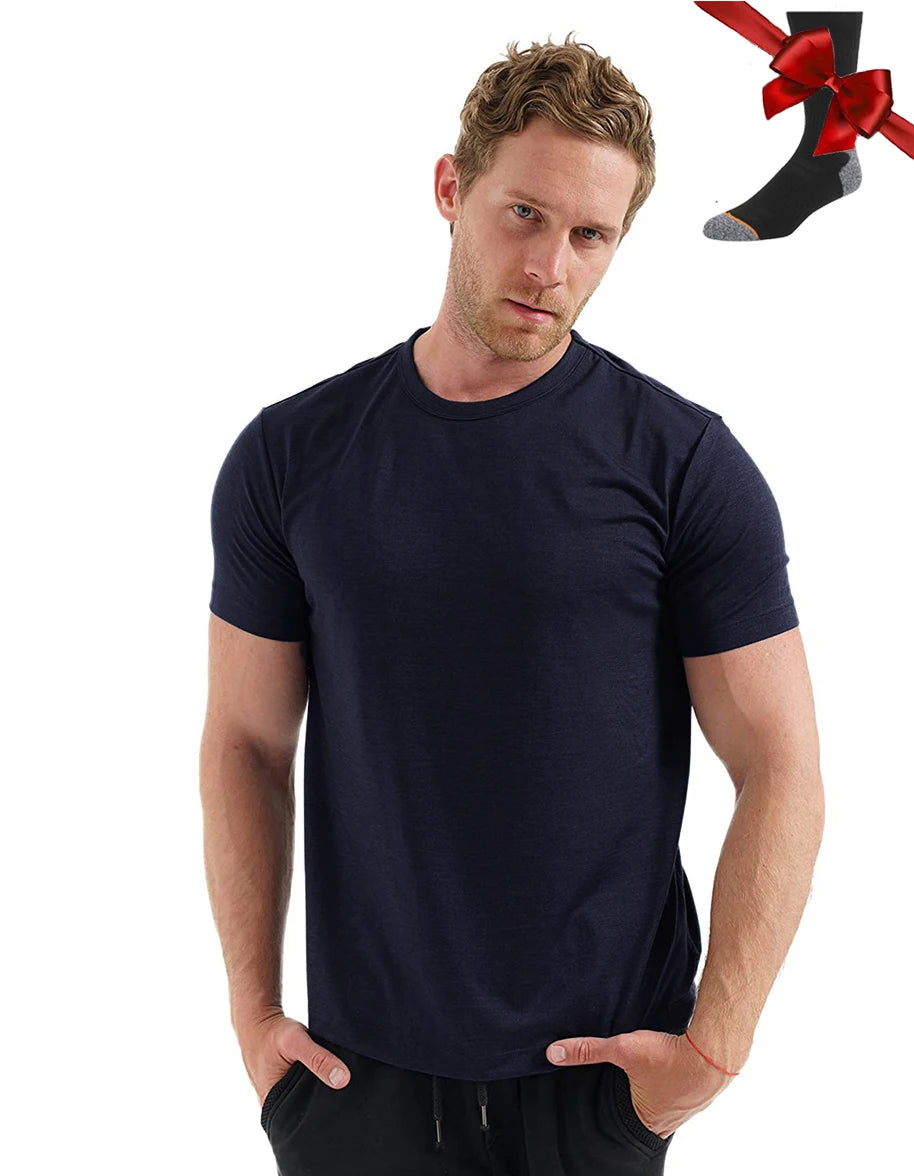 100% Merino Wool T Shirt Men Base Layer Merino Tshirt 180G Everyday Undershirt Wicking Breathable Anti-Odor + Hiking Blend Socks