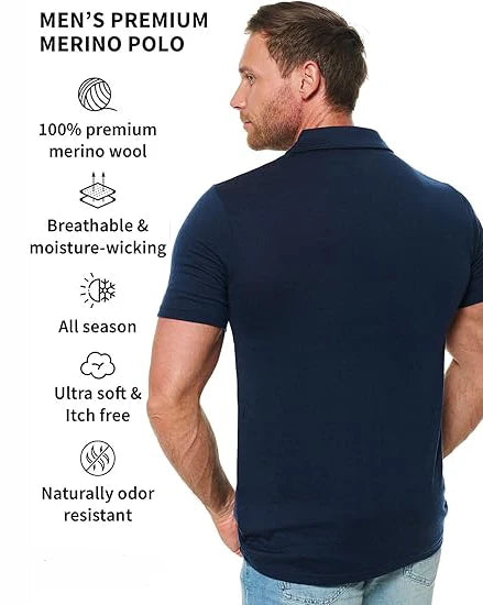 100% Merino Wool Polo T Shirt Men Merino Wool Short Sleeve Shirt for Men Lightweight Base Layer Anti-Odor Breathable USA Size