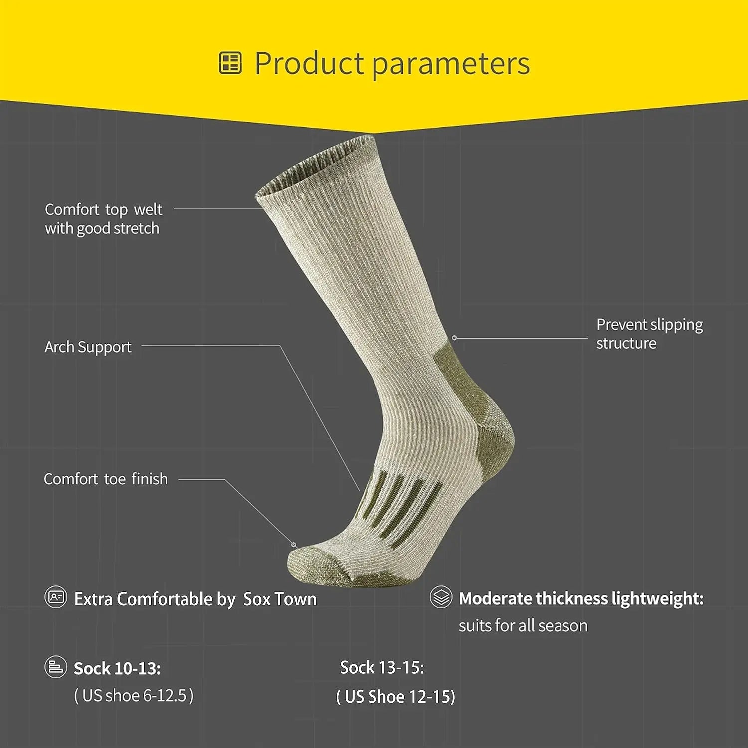 Men's 80% Merino Wool Cushion Crew Socks Moisture Wicking Control for Outdoor Hiking Work Boot Thermal Warm All Seasons