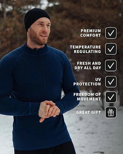 100% Merino Wool Base Layer Mens Merino Wool Half Zip Sweater Men Merino Thermal Underwear Long Sleeve Shirt Breathable Wicking