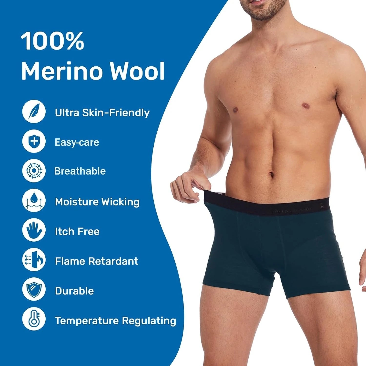100% Merino Wool Boxer Briefs Mens Merino Wool Underwear Boxer Shorts Everyday Soft Breathable Anti-Odor Sports Fitness Boxers