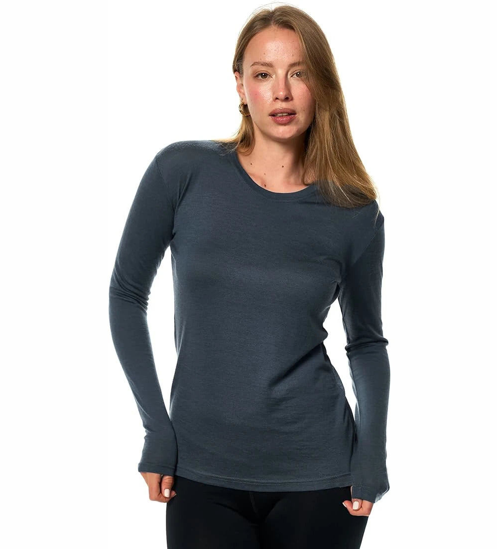 100% Merino Wool Base Layer Tops Womens 16.5Micro Merino Wool Thermal Underwear Long Sleeve Shirts Hiking Wicking Anti-Odor 180G