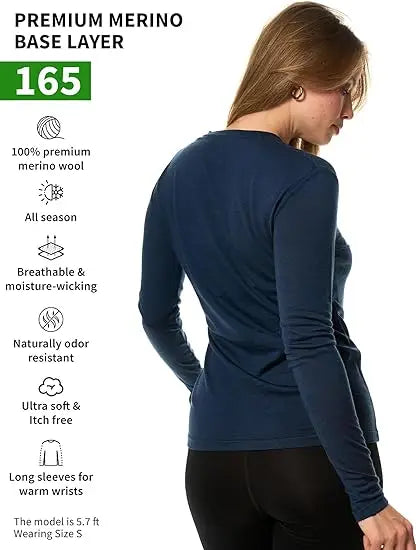 100% Merino Wool Base Layer Tops Womens 16.5Micro Merino Wool Thermal Underwear Long Sleeve Shirts Hiking Wicking Anti-Odor 180G