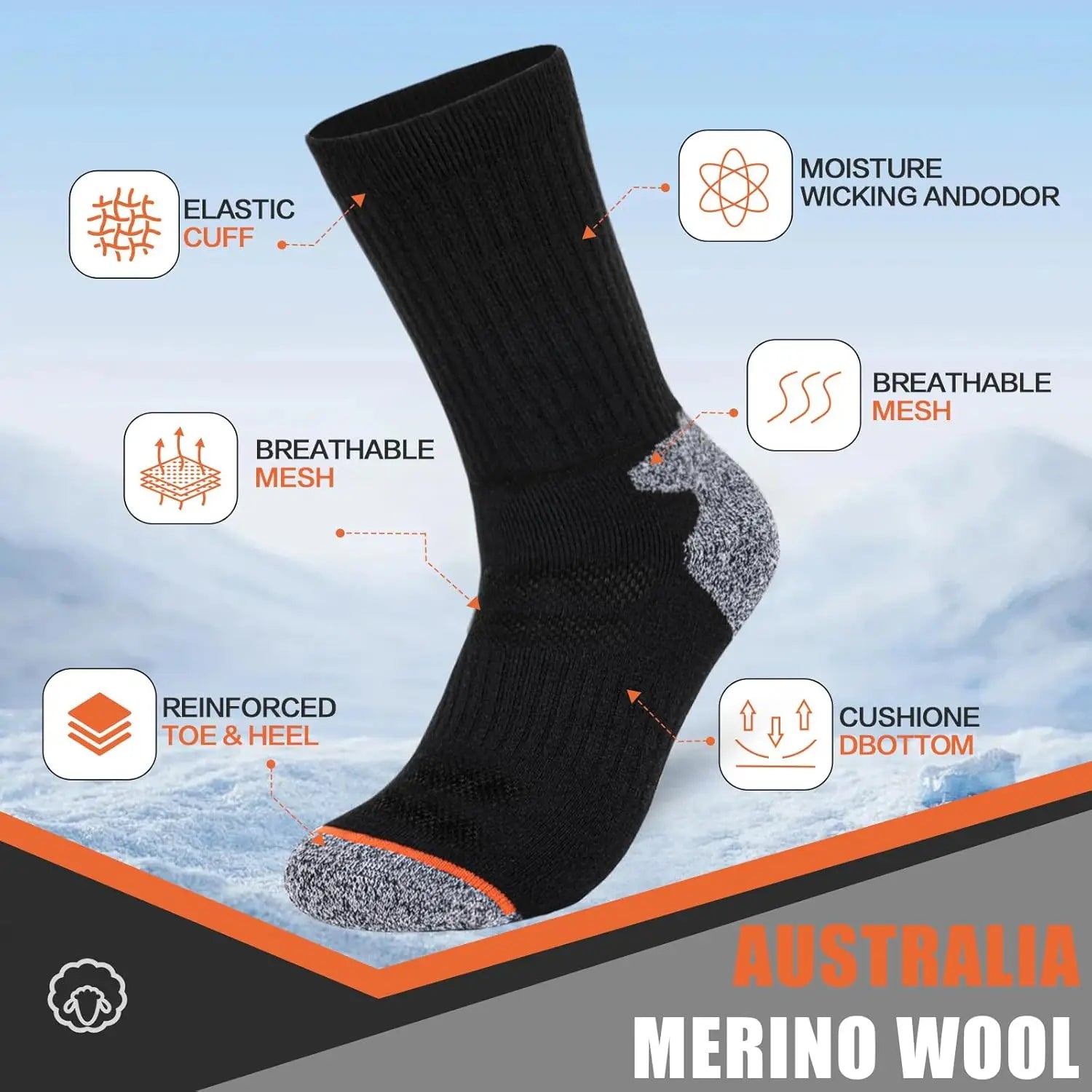 Men's Merino Wool Crew Work Socks Moisture Wicking Athletic Wool Socks for Hiking Sports Running 3 Pairs