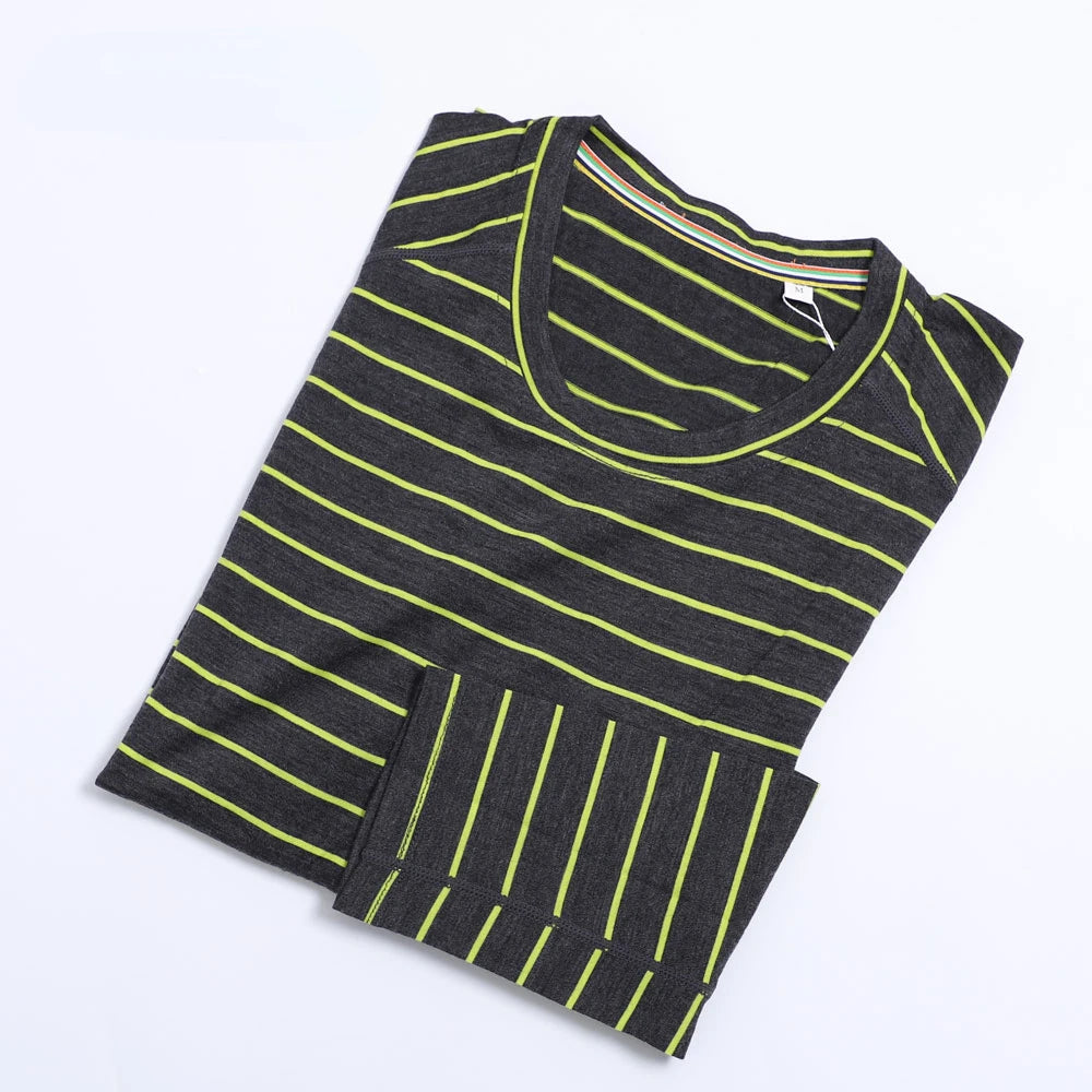100% Merino Wool Base Layer Shirts Mens Merino O Neck Striped Long Sleeve Thermal Underwear Lightweight Breathable Sports Shirt