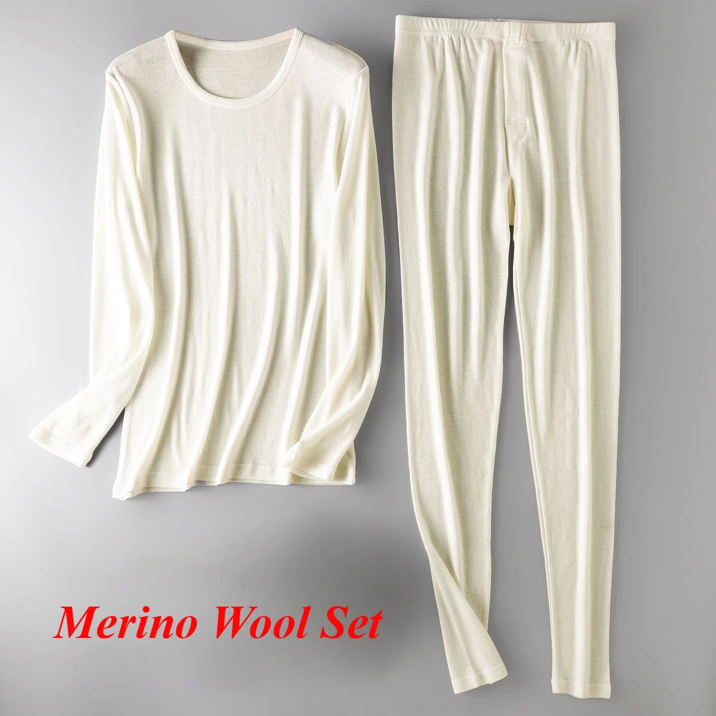 Men's 100% Merino Wool Base Layer Set Lightweight Thermal Underwear Long John Top and Bottom Comfortable Openwork Jacquard