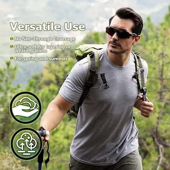 100% Merino Wool T Shirt for Men Short Sleeve Tee 170GSM Men Wool Base Layer Quick Dry Anti-Odor for Travel Hiking USA Size