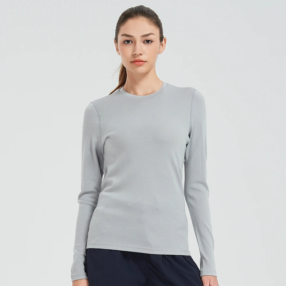 100% Merino Wool Base Layer Tops Women 300G Heavyweight Merino Wool Long Sleeve Thermal Underwear Shirt Ski Hiking Winter Warm