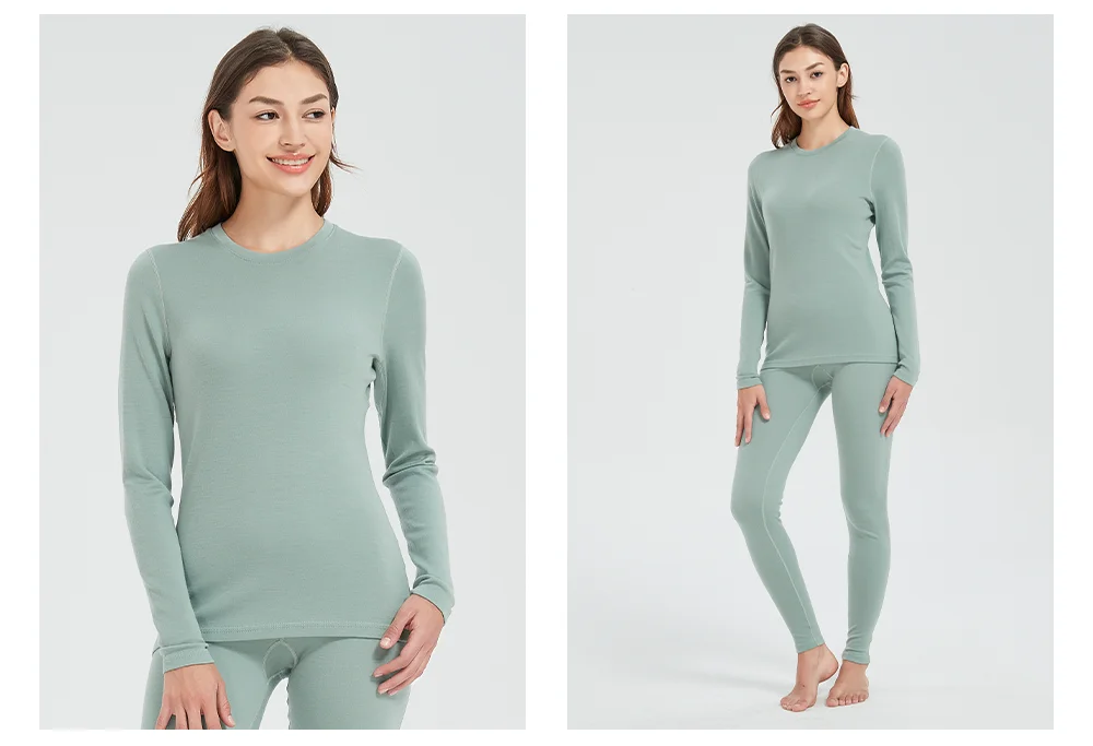 100% Merino Wool Womens 250G Midweight Merino Wool Base Layer Long Sleeve Crew Nack Thermal Underwear Tops Winter Warm