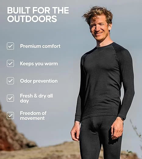Men's Merino Wool Base Layer 100% Merino Wool Shirts for Men Thermal Underwear Long Sleeve T-Shirt for Hiking Hunting