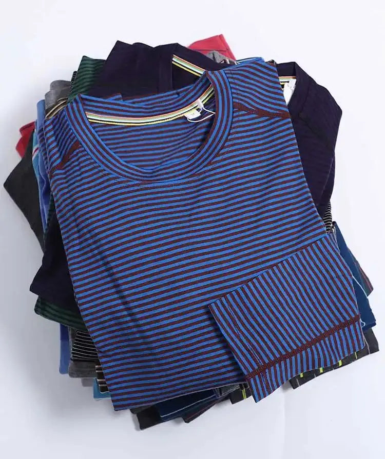 100% Merino Wool Base Layer Shirts Mens Merino O Neck Striped Long Sleeve Thermal Underwear Lightweight Breathable Sports Shirt