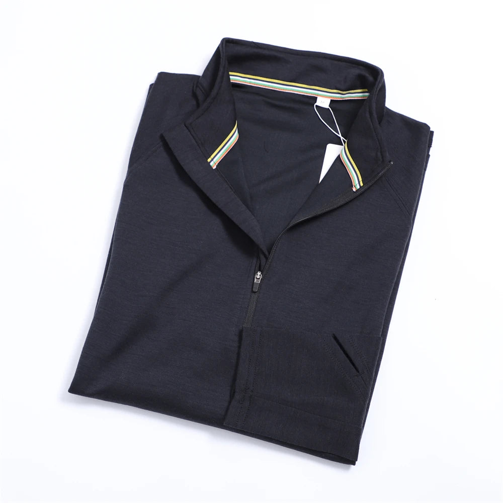 Men Merino Wool Base Layer Shirt 1/2 Zip Thermal Underwear Long Sleeve T Shirts 210G Hiking Breathable Wicking Moisture