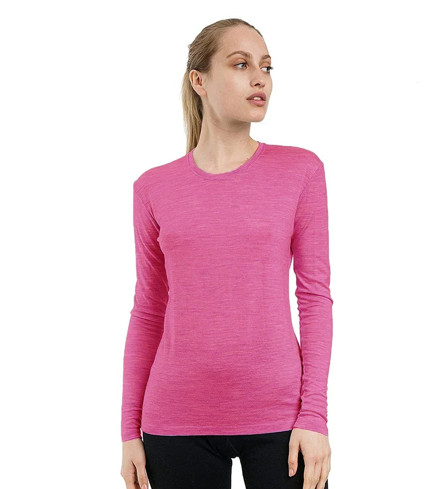 Women's 100% Merino Wool Base Layer Tops Merino Wool Thermal Underwear Long Sleeve Shirt Hiking Wicking Anti-Odor 170G/190G