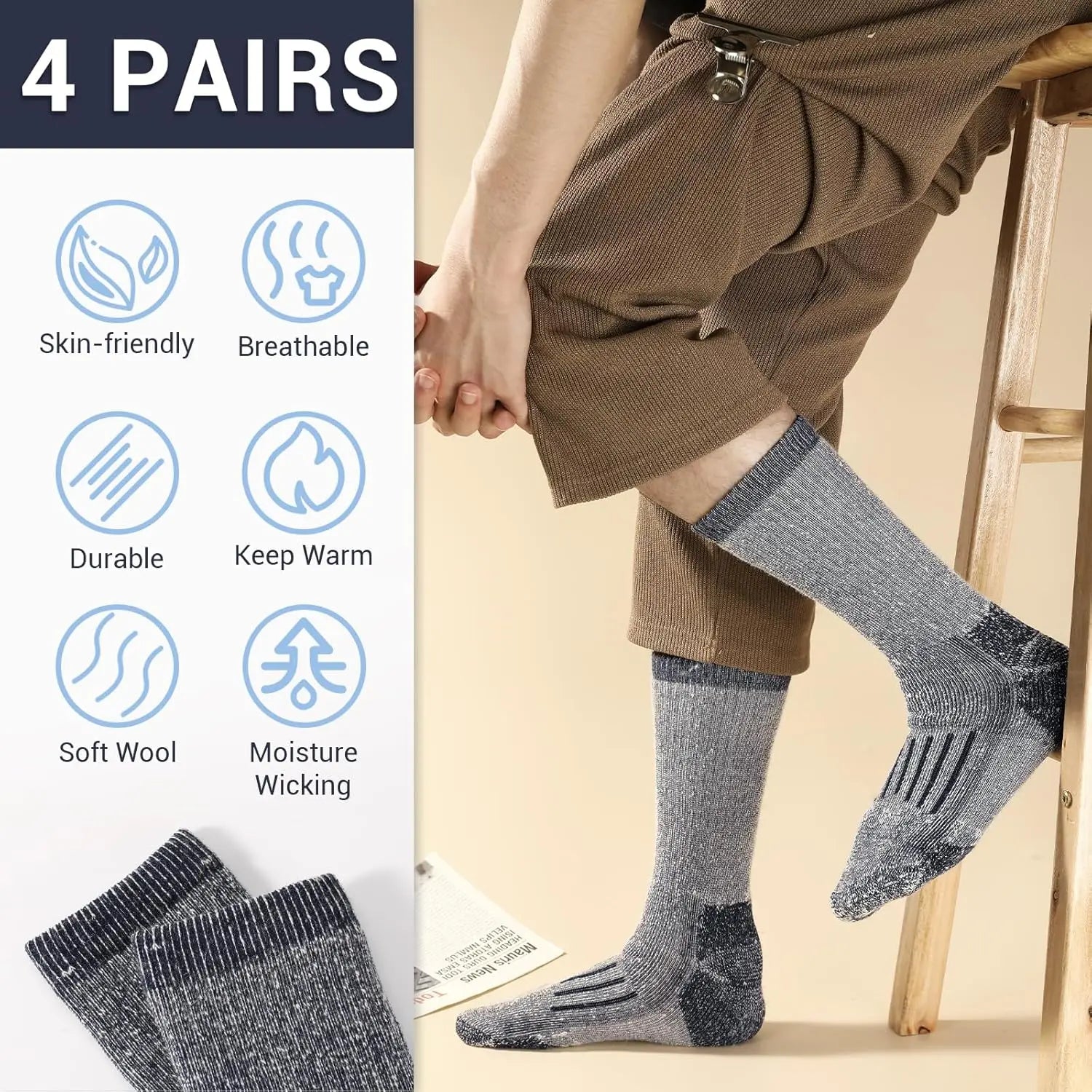 4 Pairs 80% Merino Wool Socks for Men Women Winter Thick Warm Merino Wool Hiking Socks Thermal Breathable Boot Skiing Socks