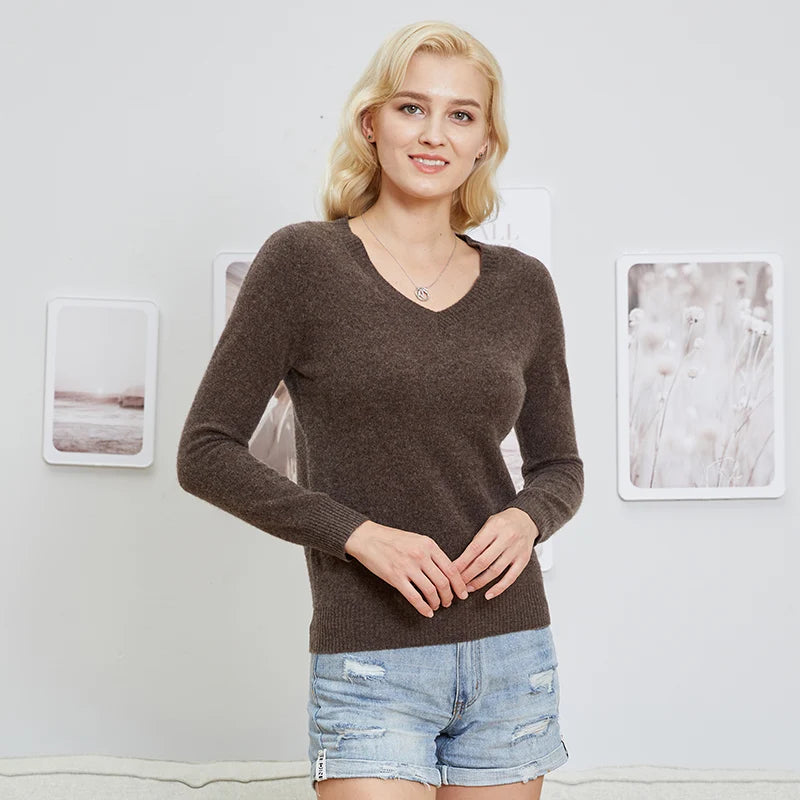 Women 100% Merino Wool V Neck Sweater Pullover Top Lightweight Warm Knitted Pullover Femme Cashmere Sweater Vintage Sweater