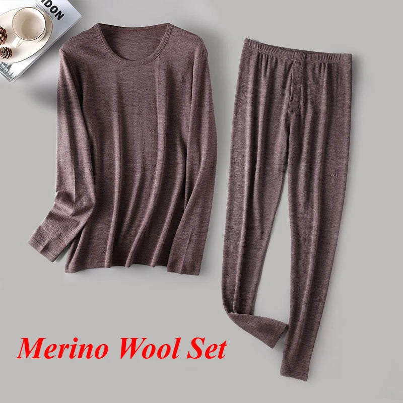Men's 100% Merino Wool Base Layer Set Lightweight Thermal Underwear Long John Top and Bottom Comfortable Openwork Jacquard