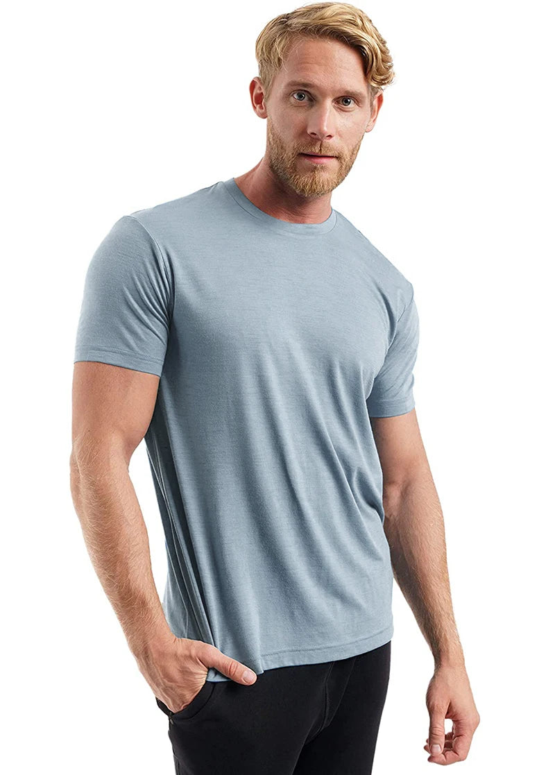 100% Superfine Merino Wool T Shirt Mens Base Layer Tee Merino Wool 180G Everyday Undershirt Wicking Breathable Anti-Odor