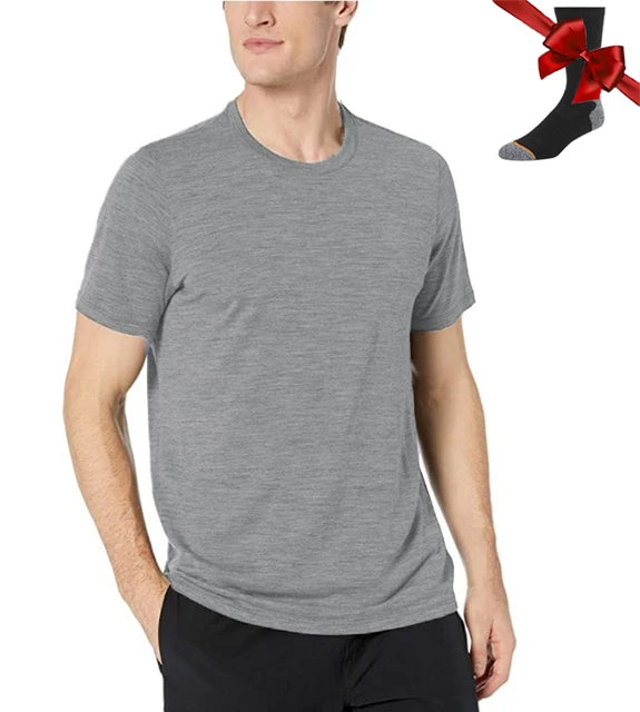 100% Merino Wool T Shirt Men Base Layer Merino Tshirt 180G Everyday Undershirt Wicking Breathable Anti-Odor + Hiking Blend Socks