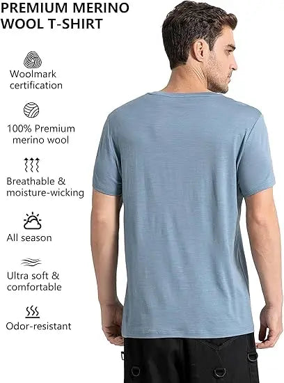 100% Merino Wool T Shirt Men 17.5 Micron Merino Wool Short Sleeve Shirts Lightweight Breathable Hiking Running Tee Undershirt