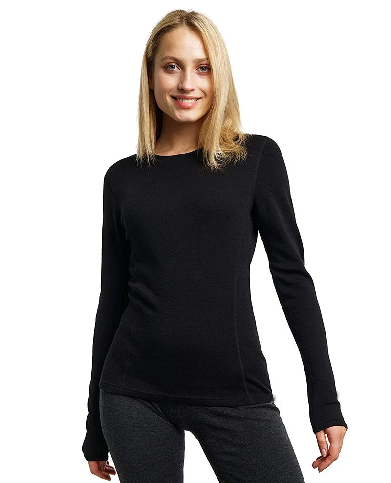 100% Merino Wool Base Layer Tops Womens 16.5Micro Merino Wool Thermal Underwear Long Sleeve Shirts Hiking Wicking Anti-Odor 180G