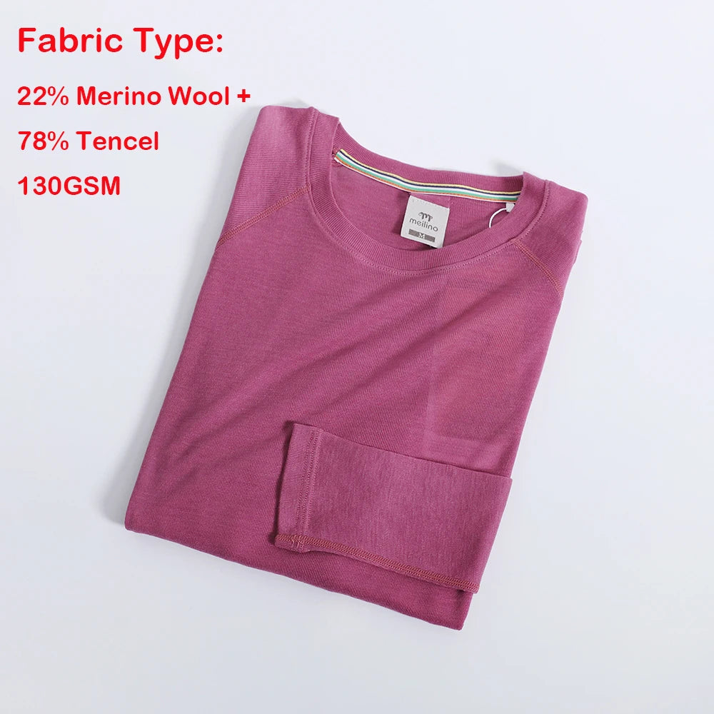 Women's Merino Wool Base Layer Shirt Lightweight Merino Wool Thermal Underwear Long Sleeve T Shirts Wicking Anti-Odor 130G