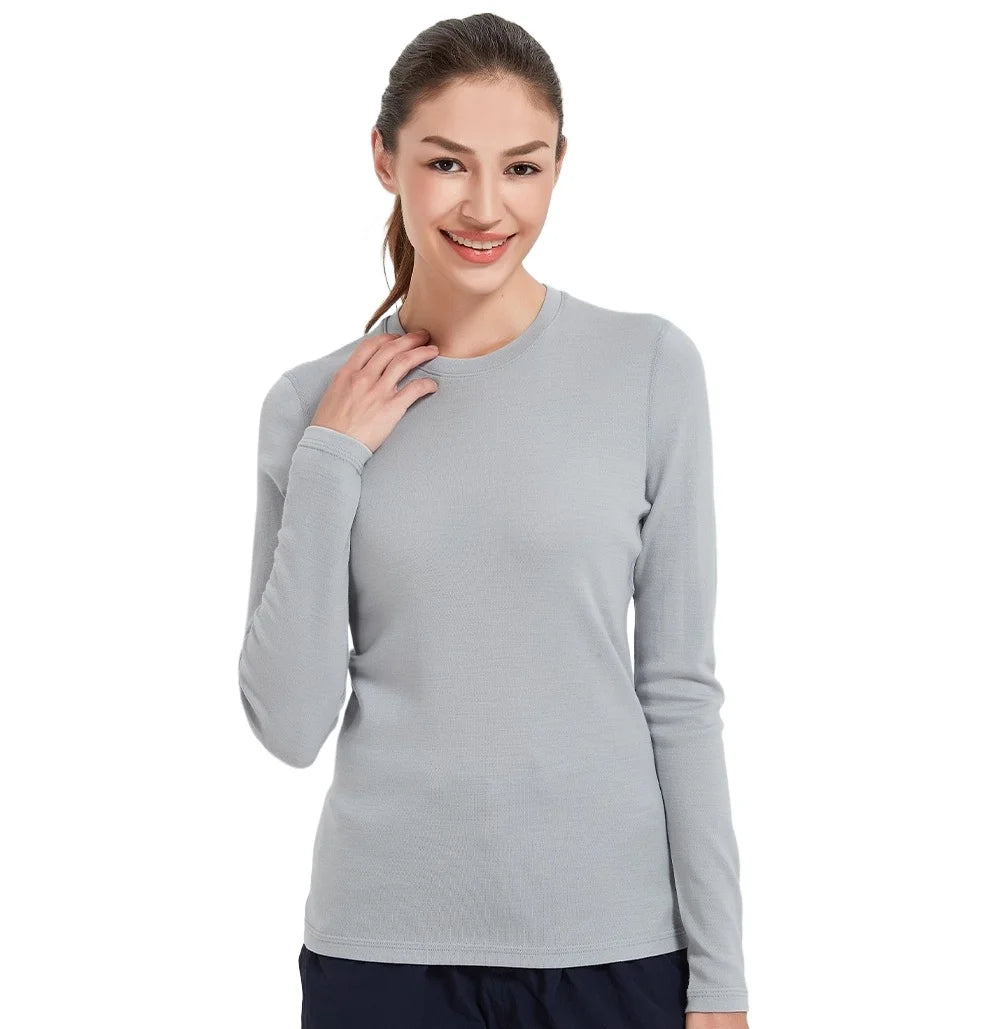 100% Merino Wool Base Layer Tops Women 300G Heavyweight Merino Wool Long Sleeve Thermal Underwear Shirt Ski Hiking Winter Warm