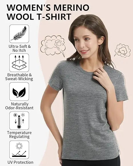 16.5Micro Merino Wool T Shirt Women Lightweight 100% Merino Wool Base Layer Short Sleeve Running Hiking Tee Moisture-Wicking
