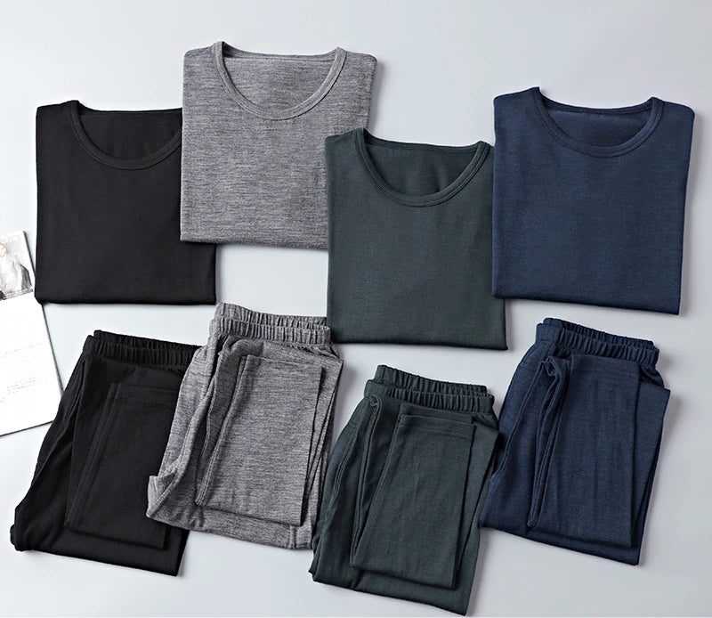 100% Merino Wool Base Layer Set Men 150G Winter Merino Wool Thermal Underwear Sets Lightweight Long Sleeve Top Bottom Pants
