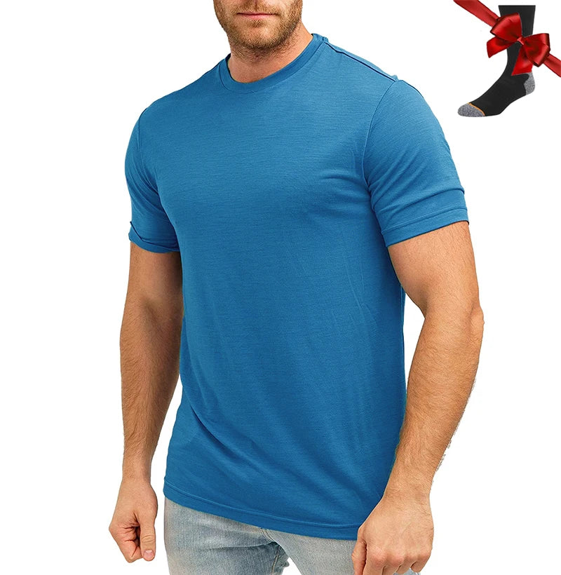 100% Merino Wool T Shirt Men Base Layer Merino Tshirt 180G Everyday Undershirt Wicking Breathable Anti-Odor + Hiking Blend Socks