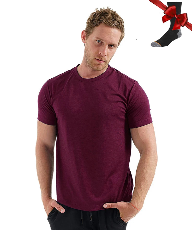 100% Merino Wool T Shirt Men Base Layer Merino Tshirt 180G Everyday Undershirt Wicking Breathable Anti-Odor + Hiking Blend Socks