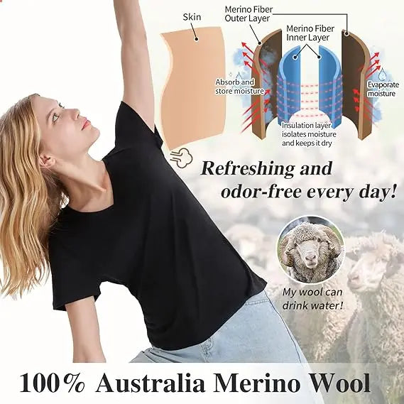 100% Merino Wool V Neck T-Shirt Women Short Sleeve Base Layers Tee Shirt for Travel Hiking Sports No Itch Breathable 16.5 Micro